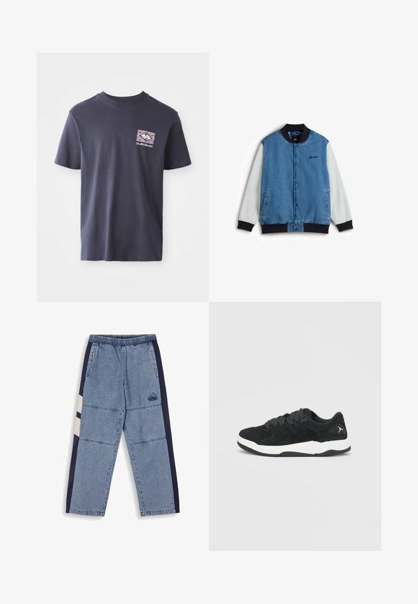 Vans Bomberjacke - medium blue; Marineblaue Baumwoll-T-Shirt mit Rundhalsausschnitt und kurzen Ärmeln. Mit einem geometrischen Grafikdruck in Lila und Weiß auf der linken Brust.; Jeans mit einem elastischen Bund, aus leicht blauem Hauptstoff, mit navyblauen Seitenpaneelen und einem kleinen Logodesign an einem Bein.; Schwarzer Sportschuh aus Wildleder mit weißer Sohle und schwarzen Schnürsenkeln, mit kleinem weißem Logo an der Ferse.