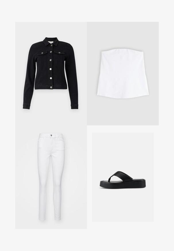 Schwarze Denimjacke mit langen Ärmeln, frontaler Knopfverschluss, zwei Brusttaschen mit Klappen und einem cropped Design. Matt silberne Hardware-Akzente.; Weißes trägerloses Bandeau-Top mit geraden Kanten, flach auf einem hellgrauen Hintergrund liegend.; Weiße, schmale Jeans aus Jeansstoff, mit einem Vorderknopfverschluss, fünf Taschen und einer glatten Textur des Stoffes.; Schwarze Plateau-Zehensandale mit breitem Lederband und gepolsterter Sohle, Seitenansicht vor hellem, einfarbigem Hintergrund.