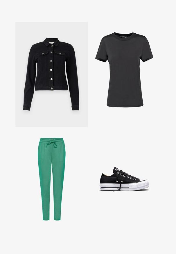 Sort denimjakke med lange ærmer, frontknaplukning, to brystlommer med klap og en cropped design. Mat sølv hardware detaljer.; Sort kortærmet t-shirt lavet af glat stof. Har en rund halsudskæring uden synlige mønstre eller detaljer, hvilket giver et enkelt design.; Grønne joggerbukser lavet af blødt stof, med elastisk talje, snøre lukning og to sidelommer i et slim fit design.; Sort lavt sneakers i lærred med hvid sål i gummi, sorte snørebånd og metaløjer på hvid baggrund.
