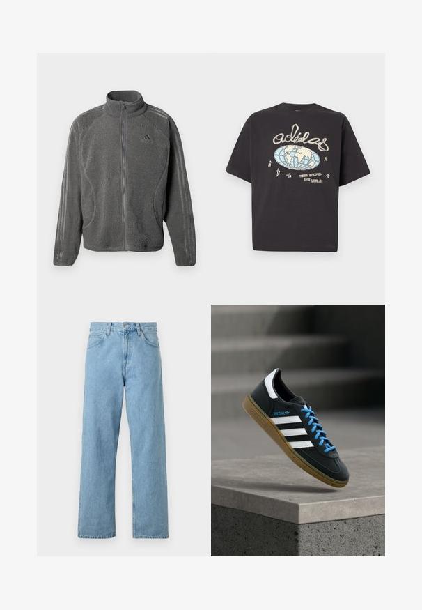 Grå fleece zip-up jakke med høj krave, sidelommer og diskret Adidas-logo samt tre striber på ærmerne.; Sort Adidas t-shirt med et beige og blåt globusmotiv, håndskrevet Adidas-logo, stjerner og teksten "Three Stripes. One World."; Lyseblå denimjeans med lige ben, fem lommer, knap- og lynlåslukning samt en let slidt finish.; Sort Adidas sneaker med hvide striber, blå snørebånd og gummisål, der svæver over gråt betontrin i blødt lys.