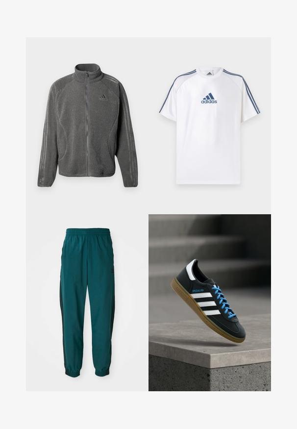 Hallhall hallide lukuga, küljetaskutega ja diskreetse Adidas'i logoga ning kolme triibuga varrukatel hall fliiskurta.; Valge Adidas T-särk siniste detailidega, lühikeste varrukatega ja ümmarguse kaelusega. Esiküljel sinine Adidas logo ja õlgadel kolm triipu.; Türkis värvi spordipüksid, millel on nööriga vöökoht, elastsed mansetid ja mustad triibud külgedel. Valmistatud kergest kangast, logoga puusade lähedal.; Must Adidas toss valgete triibu, siniste paelte ja kummist tallaga, hõljuv pehme valgusega halli betoonastme kohal.
