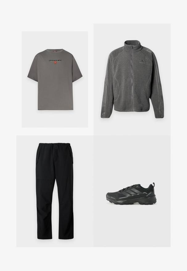 Veste en polaire grise zippée avec col haut, poches latérales et logo Adidas subtil ainsi que trois bandes sur les manches.; T-shirt gris à manches courtes avec le logo "OAKLEY" et un petit graphisme rouge centré sur la poitrine, présenté sur un fond blanc uni.; Pantalons décontractés noirs avec taille élastique, deux poches latérales et une poche zippée sur la cuisse, présentés à plat sur fond blanc.; Chaussure de sport noire avec un dessus en tissu texturé, trois rayures argentées, un orteil renforcé et une semelle en caoutchouc robuste pour une meilleure adhérence.