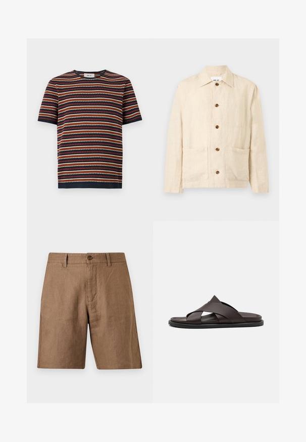 Veste beige en lin à manches longues avec col, cinq boutons marron sur le devant et deux poches plaquées à l'avant.; Haut en maille à manches courtes avec des rayures horizontales bleu marine, rouge, beige et blanc, doté d'un col rond et d'un ourlet ajusté.; Short marron décontracté longueur genou avec passants de ceinture, fermeture par bouton et poches avant, en tissu texturé.; Stuart Weitzman BERKLEY - Mules - espresso