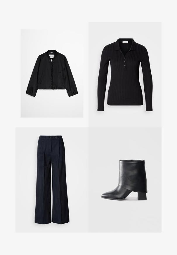 Zwarte bomberjas met ritssluiting aan de voorkant, geribde kraag, elastische manchetten en twee zijzakken, afgebeeld tegen een effen achtergrond.; Zwarte lange mouwen polo shirt van ribstof, met een kraag, drie knoopsluiting en een slim-fit ontwerp.; Marineblauwe pinstriped wijde broek met twee voorknoopsluiting, op maat gemaakt ontwerp, vouw aan de voorkant en een soepele textuur.; Zwarte leren enkellaars met een spitse neus, een zachte textuur en een gestructureerde blokhak. Kenmerkt zich door een hoge, gevouwen kraag.