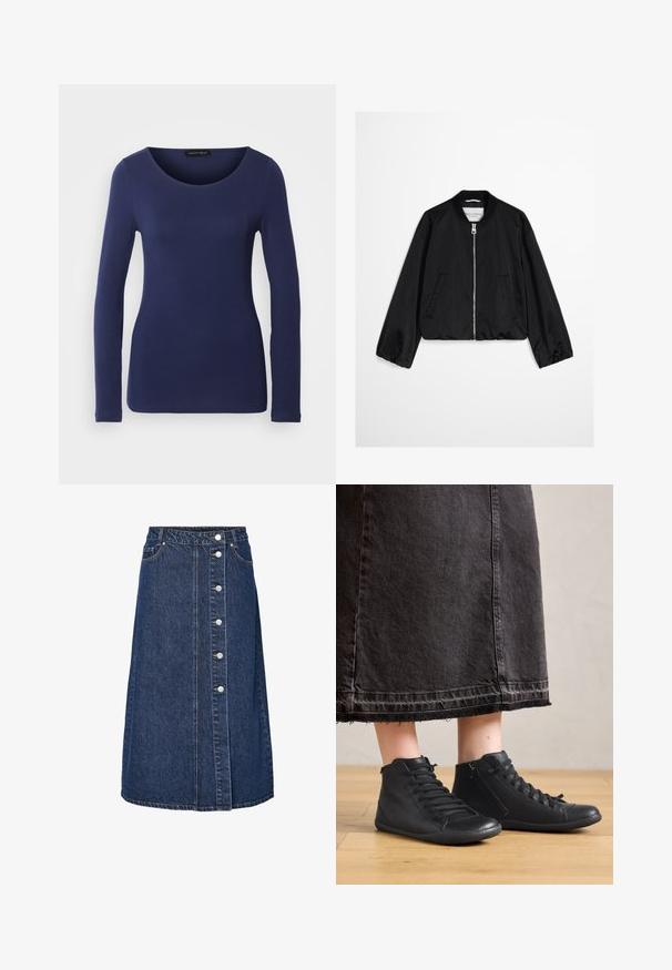 Blouson bomber noir avec fermeture éclair frontale, col côtelé, poignets élastiques et deux poches latérales, présenté sur un fond uni.; T-shirt à manches longues marine en matériau doux avec un col rond et un design ajusté. Aucuns motifs ni accents visibles.; Jupe en denim à taille haute, fermeture par boutons à l'avant, et deux poches latérales. Couleur bleu foncé, coupe droite, avec détail de couture visible.; Chaussures montantes en cuir noir avec une texture lisse, dotées de lacets et d'une fermeture éclair sur le côté. Portées avec une longue jupe en denim noire.
