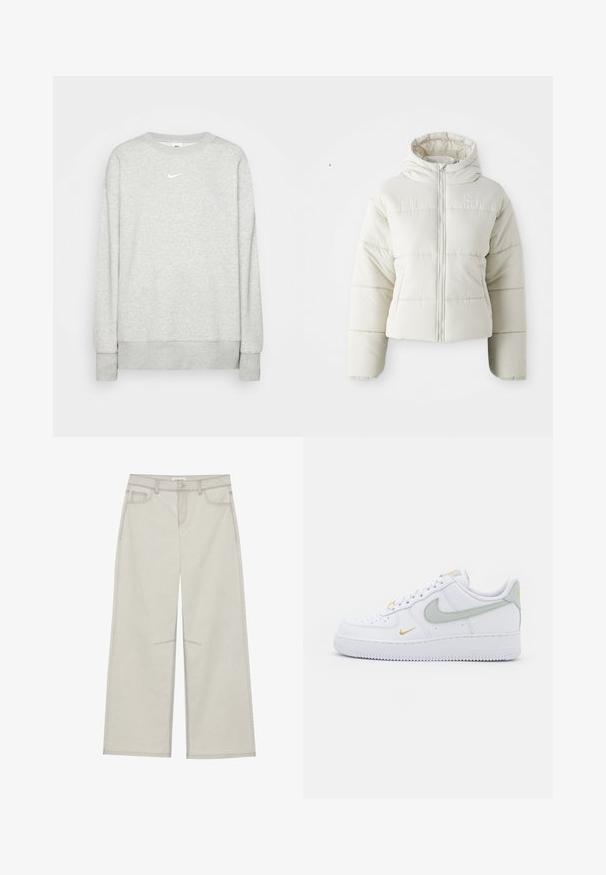 Chaqueta acolchada blanca cortada con capucha, cierre frontal de cremallera, paneles cosidos y un pequeño logo en el pecho. Textura suave y acolchada.; Sudadera de cuello redondo en gris claro, fabricada con un tejido suave, que presenta un pequeño logo blanco de Nike en el pecho y puños y dobladillo acanalados.; Pantalones de pierna ancha gris claro con cinco bolsillos, cierre frontal de botón y costuras contrastantes a lo largo de las costuras. La tela parece suave y duradera.; Nike Sportswear AIR FORCE 1 07 ESS - Zapatillas - white/silver