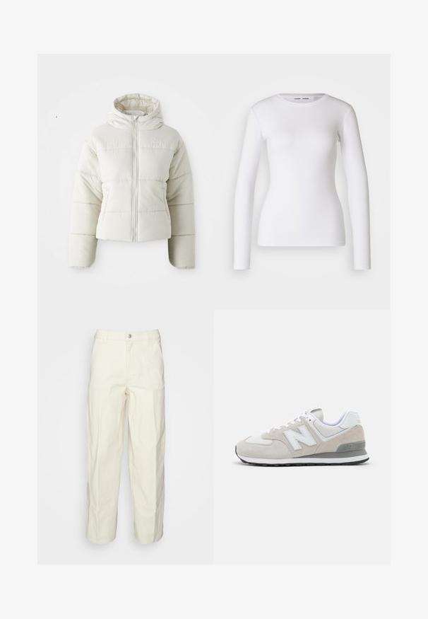 Chaqueta acolchada blanca cortada con capucha, cierre frontal de cremallera, paneles cosidos y un pequeño logo en el pecho. Textura suave y acolchada.; Camisa blanca de manga larga hecha de tela acanalada, con un cuello redondo y una forma ajustada. No presenta patrones ni detalles.; Pantalones de utility color beige claro con un corte relajado, cierre de botón y bolsillos con parche en la parte frontal. Fabricados en un resistente tejido de algodón.; Zapatillas de color beige claro que combinan materiales de ante y malla. El diseño incluye un logotipo blanco prominente y acentos grises. Suela de goma.