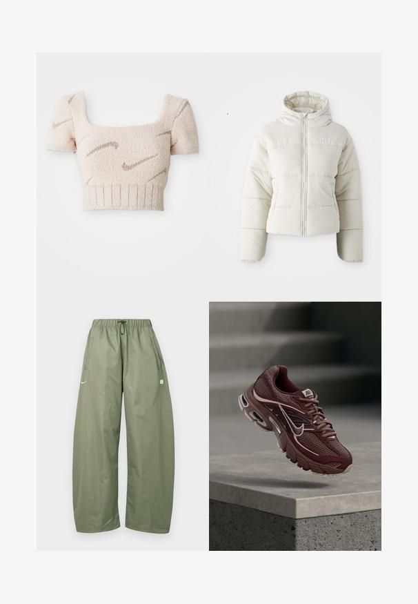 Veste matelassée blanche courte avec capuche, fermeture éclair à l'avant, panneaux cousus et petit logo sur la poitrine. Texture lisse et rembourrée.; Top court à manches courtes en tissu doux et texturé. Couleur rose clair avec des motifs ondulés marron. Décolleté carré et ourlet côtelé.; Pantalon vert olive ample avec taille élastique, cordon de serrage, poches latérales et petit logo vert clair sur la cuisse gauche.; Chaussure de course Nike bordeaux avec tissu en mesh, col rembourré, semelle épaisse et accents blancs. Le design présente un bout arrondi et des lacets proéminents.