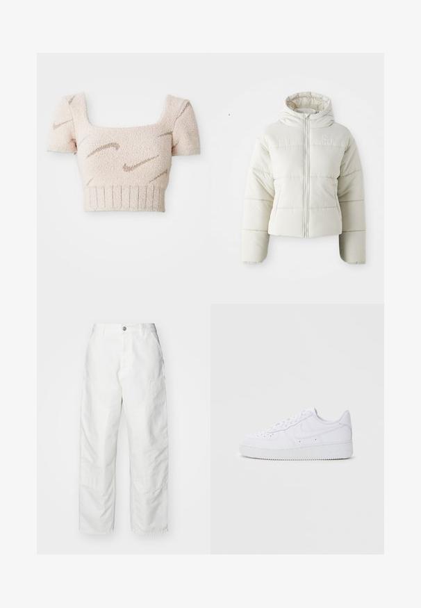Veste matelassée blanche courte avec capuche, fermeture éclair à l'avant, panneaux cousus et petit logo sur la poitrine. Texture lisse et rembourrée.; Top court à manches courtes en tissu doux et texturé. Couleur rose clair avec des motifs ondulés marron. Décolleté carré et ourlet côtelé.; Pantalons cargo blancs en denim, avec une coupe décontractée, des poches latérales et des détails de couture visibles. Devant uni avec une fermeture à bouton.; Baskets blanches Nike Air Force 1 avec tige en cuir, bout rond, fermeture à lacets, col rembourré et semelle en caoutchouc texturé.