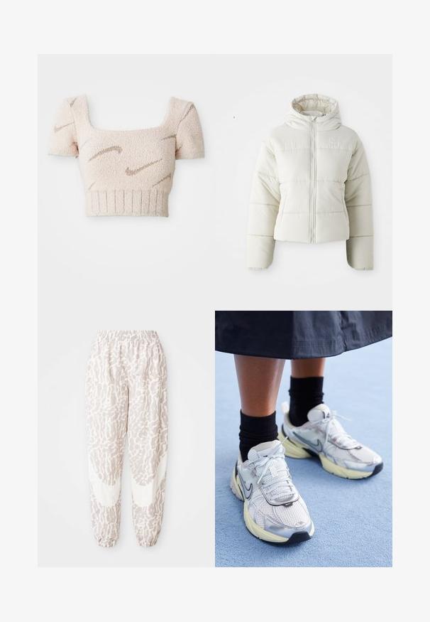 Hvid cropped pufferjakke med hætte, frontlynlås, syede paneler og et lille logo på brystet. Glat, polstret tekstur.; Kortærmet cropped top i blød, tekstureret stof. Lys pink farve med brune, bølgete mønstre. Fyrkantet udskæring og ribbet kant.; Letvægts, mønstrede joggers i lyserød med et abstrakt design. Har en elastisk talje og manchetter for en behagelig pasform.; Hvide og sølv Nike sneakers med mesh-stof, reflekterende detaljer og en beige sål. Bæres med sorte sokker og står på en blå overflade.