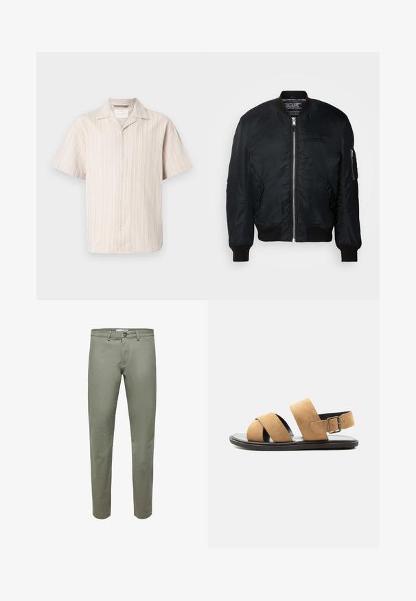 Sort nylon bomberjakke med lynlås, ribbede manchetter og en lomme på venstre ærme med lynlås. Glat, let tekstur.; Kortærmet skjorte med knapper i lys beige med lodrette hvide striber. Har en klassisk krave og afslappet pasform, lavet af blødt materiale.; Lyse olivengrønne bukser lavet af bomuld, med en lige pasform, knaplukning og bæltestropper, samt en glat, mat tekstur.; Herre sennepsfarvet ruskindssandal med to brede remme, sort sål og justerbar rem med spænde om hælen, vist på hvid baggrund.