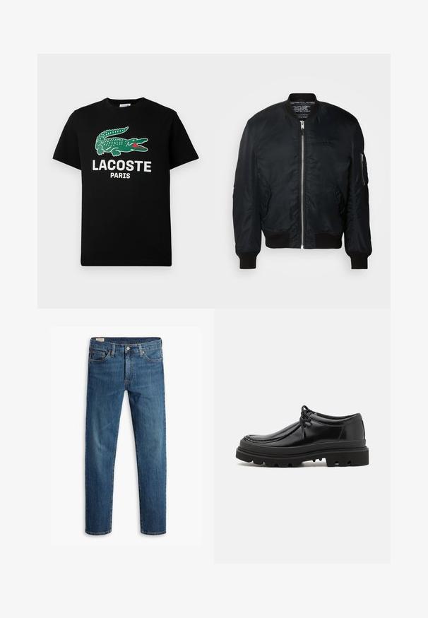 Schwarze Nylon-Bomberjacke mit einem Reißverschluss, gerippten Bündchen und einer Tasche am linken Ärmel mit Reißverschlussbeschlägen. Glatte, leichte Textur.; Schwarzes Baumwoll-T-Shirt mit grünem Krokodil-Logo und dem Text "LACOSTE PARIS" in Weiß. Kurze Ärmel und klassischer Rundhalsausschnitt.; Blaue Denim-Jeans im Straight-Leg-Schnitt, mit einem klassischen Fünf-Taschen-Design, Kontrastnähten und einem Knopfverschluss.; Schwarze Leder-Derby-Schuhe mit einem eleganten Design, runder Zehenpartie und rutschfester Gummisohle mit tiefen Rillen für besseren Halt.