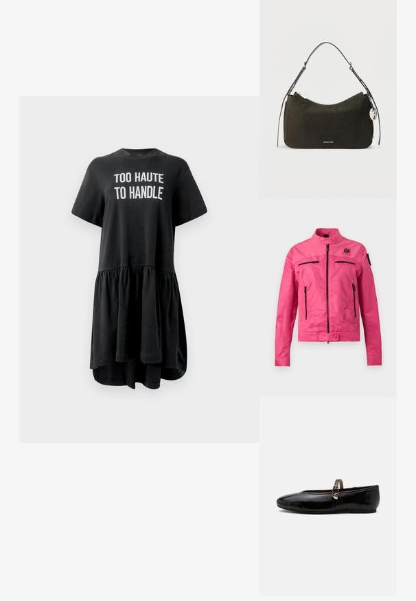 Chaqueta de color rosa brillante con cuello alzado, cremallera frontal, dos bolsillos horizontales en el pecho, dos bolsillos verticales en los costados y cierres con botones a presión.; Vestido negro de camiseta con mangas cortas, dobladillo acampanado, falda fruncida y texto blanco "TOO HAUTE TO HANDLE" en la parte frontal. Tejido de algodón.; Zapato plano negro brillante con una fina correa en el tobillo y una pequeña hebilla dorada en forma de corazón sobre un fondo claro y liso.; Bolso de ante negro con una silueta curva, herrajes plateados y una correa de hombro desmontable. Cuenta con cierre de cremallera y detalle de logotipo.