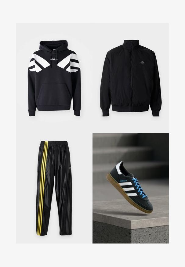 Schwarze Jacke mit Reißverschluss und hohem Kragen, aus leichtem Material gefertigt. Verfügt über elastische Bündchen und einen elastischen Saum, mit einem kleinen Logo oben links.; Schwarzer Kapuzenpullover mit weißen diagonalen Streifen über der Brust und den Ärmeln, einer Vorderasche und einem Logo auf der oberen Brust.; Schwarze Sporthosen aus glänzendem Material mit elastischem Bund, versehen mit zwei gelben Streifen an den Seiten und einem kleinen Logo.; Schwarzer Adidas-Sneaker mit weißen Streifen, blauen Schnürsenkeln und Gummisohle, der über einer grauen Betontreppe im weichen Licht schwebt.