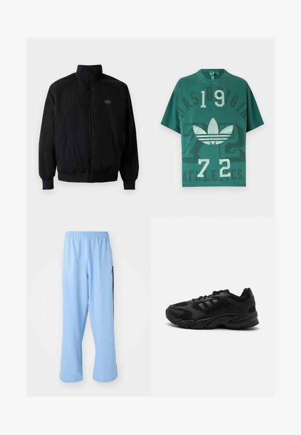 Čierna zips kombinéza s vysokým golierom, vyrobená z ľahkého materiálu. Obsahuje elastické manžety a pás, s malým logom na hornej ľavej strane.; Zelené nadmerné tričko s logom Adidas, veľkými číslami „109“ a „72“ a vyblednutým textom „Adidas Originals Athletics“ na prednej strane.; Svetlo modré športové nohavice vyrobené z hladkej látky, s elastickým pásom a kontrastnými čiernymi bočnými pruhmi.; Čierne športové topánky s kombináciou priedušnej sieťoviny a syntetických materiálov. Výrazná štruktúrovaná podrážka a tri čierne pruhy na strane.