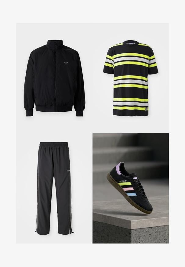Čierna zips kombinéza s vysokým golierom, vyrobená z ľahkého materiálu. Obsahuje elastické manžety a pás, s malým logom na hornej ľavej strane.; Čierne tričko s vodorovnými pruhmi v neonovo žltej, bielej a čiernej farbe. Má okrúhly výstrih a logo Adidas v dolnom ľavom rohu.; Čierne športové nohavice vyrobené z ľahkej látky, s bielymi bočnými pásmi, elastickým pásom a nastaviteľnými členkovými manžetami.; Čierna teniska Adidas Spezial s pastelovo žltými, ružovými a modrými pruhmi, levanduľovým jazýčkom na päte a hnedou podrážkou, vznášajúca sa nad betónovou hranou.