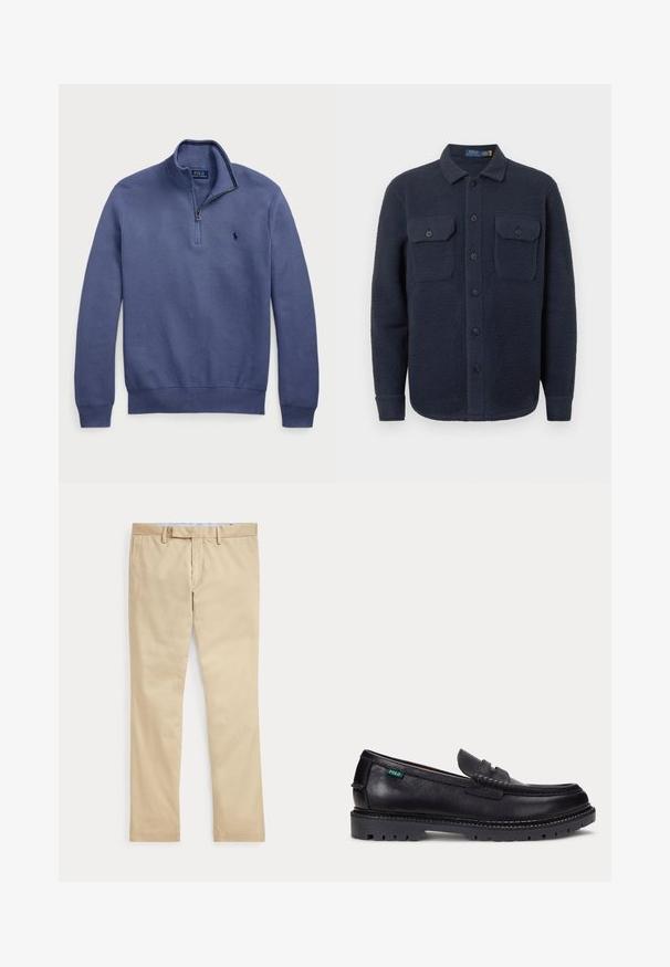 Mørkeblå fleece skjortejakke med tekstureret overflade, to brystlommer med knaplukning og en spids krave.; Marineblå pullover sweater med halv-zip krave, strikket struktur og broderet logo på brystet. Ribbet manchetter og kant. Letvægtsstof.; Beige bukser med lige ben, bæltestropper og frontlynlås, lagt fladt mod en hvid baggrund.; Sort læderloafer med tyk, mønstret sål og lille grøn "Polo"-mærke på ydersiden nær hælen.