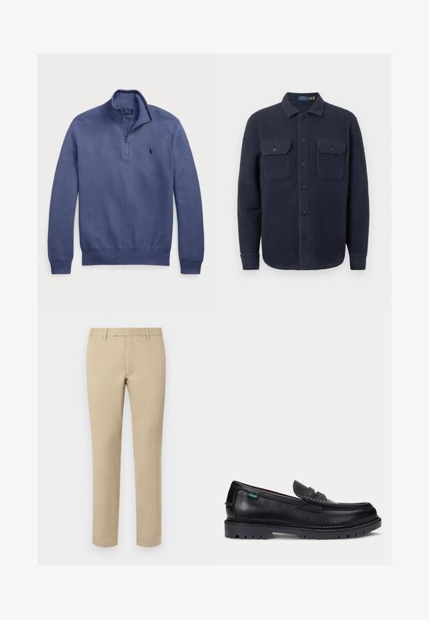 Chemise veste polaire bleu marine avec une surface texturée, deux poches poitrine à boutons et un col pointu.; Pull-over bleu marine avec col à demi-zip, texture tricotée et logo brodé sur la poitrine. Poignets et ourlets côtelés. Tissu léger.; Pantalon en coton beige avec une coupe droite, doté de passants de ceinture, d'un devant plat et de ourlets soignés. Texture lisse et détails minimaux.; Mocassin en cuir noir avec une semelle épaisse à crampons et une petite étiquette verte "Polo" sur le côté extérieur, près du talon.