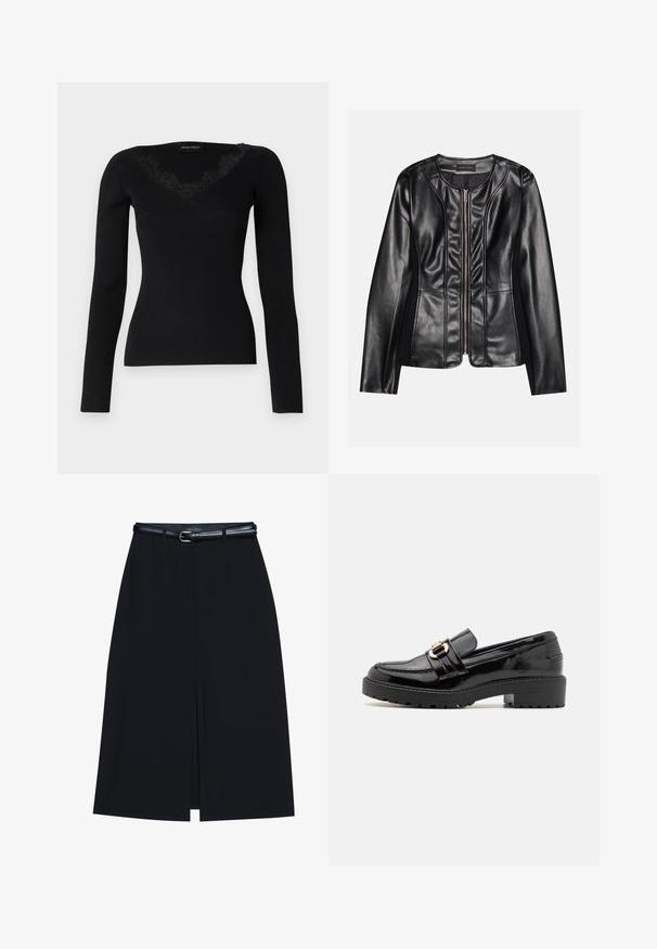 Chaqueta de cuero negra con cremallera frontal, forma ajustada, textura suave y tejido contrastante a lo largo de los costados para un detalle adicional.; Top negro de manga larga de canalé con escote en V y detalles de encaje. La textura de la tela parece suave y ajustada, adecuada para combinar en capas.; Falda negra hasta la rodilla con una abertura en la parte delantera, hecha de tejido suave. Presenta un delgado cinturón negro con una hebilla plateada y pasadores para el cinturón.; Mocasines de charol negro con un bajo tacón cuadrado, que presentan una prominente hebilla en tono dorado y una suela texturizada con relieve.