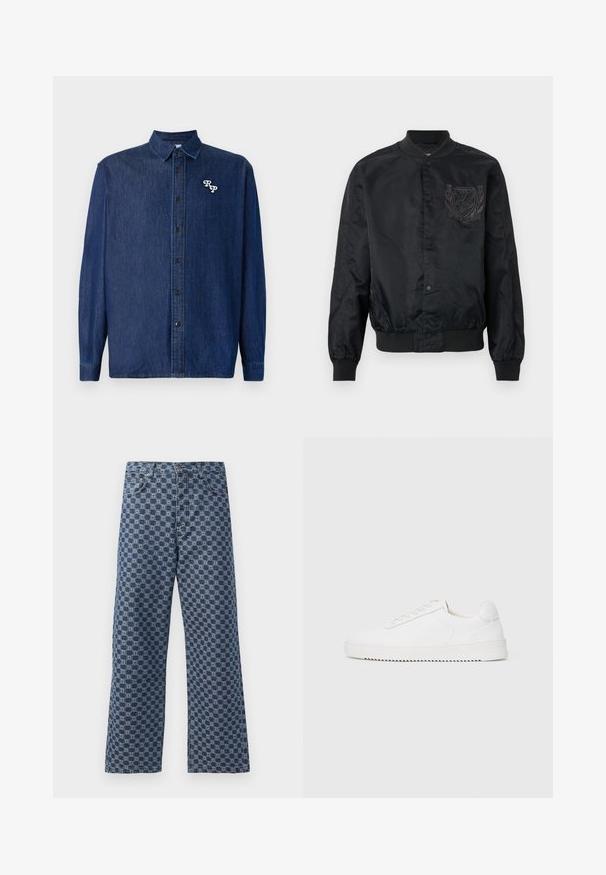 Sort satin bomberjakke med trykknapper, ribbet krave, manchetter og kant, med broderet våbenskjold på venstre bryst.; Mørkeblå denimskjorte med knappelukning foran, lange ærmer og spids krave. Har en hvid broderet "RP"-logo.; Blå denim jeans med et gentagende geometrisk mønster, fem lommer, en knaplukning og en flagrende benstil.; Hvid sneaker med en glat læderoverdel, rund tå, snørebånd, teksturerede sideaccenter og en tyk gummisål. Minimalistisk design.