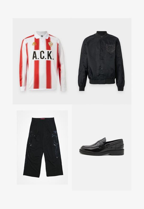 Blouson aviateur en satin noir avec boutons-pression, col, poignets et ourlet côtelés, orné d'un écusson brodé sur le côté gauche de la poitrine.; Polo à manches longues, blanc avec des rayures verticales rouges, avec le lettrage noir "A.C.K." et le logo doré "Kappa" sur la poitrine gauche.; Pantalon noir à jambes larges avec un devant plissé, présentant des motifs tribaux noirs brillants sur les côtés et une ceinture rouge de marque.; Mocassins en cuir noir avec une finition lisse, un bout rond, un petit talon et descoutures décoratives à l'avant. Semelle en caoutchouc pour l'adhérence.