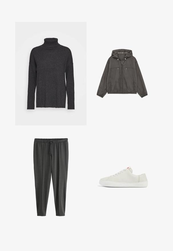 Chaqueta ligera con capucha de color gris oscuro, cremallera frontal, puños y dobladillo elásticos, y dos bolsillos en el pecho con cremallera y cordones en la capucha.; Suéter de cuello alto en gris oscuro, hecho de un material de punto suave. Presenta mangas largas, un ajuste relajado y un cuello alto. Diseño simple, sin patrones.; Pantalones jogger de color gris oscuro, ligeros, hechos de tela suave. Cuentan con una cinturilla elástica con cordón y piernas estrechadas. Textura lisa.; Zapatilla de piel blanca con un perfil bajo, puntera redondeada, cierre de cordones plano y suela de goma blanca. Presenta costuras sutiles y un pequeño logotipo.