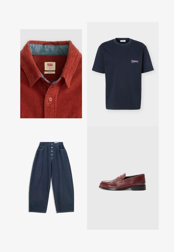 Rustfarvet kordfløjls skjorte med en blå kraveforing, afslappet pasform, med to knapper og en rød mærkat med mærkenavn. Tekstureret stof med ribstruktur.; Marineblå kortærmet t-shirt med rund halsudskæring og lille hvidt og lyserødt "lindbergh"-logo på venstre bryst.; Mørkeblå denim bukser med brede ben og høj talje, fem knaplukninger og fem lommer. Har stikninger som accent på sømmene.; Burgunderfarvet læder loafer med en glat finish, dekorativ søm og en rund tå. Har en lav sort hæl.