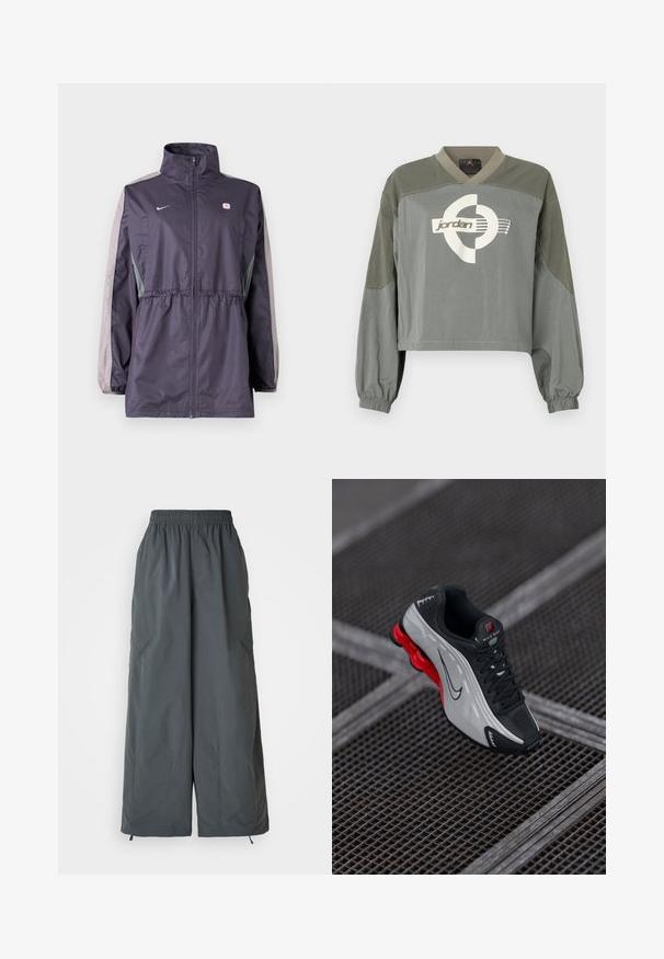 Fialová vetrovka s sivými akcentmi, vysokým golierom, elastickým pásom a dlhými rukávmi. Má malú logo na hrudi.; Dlhý rukáv cropped pulóver s elastickými manžetami, tlmené farby zeleno-sivej v blokoch a bielym logom Jordan umiestneným na hrudi.; Sivé, pohodlné nohavice s elastickým pásom a širokými nohavicami vyrobené z ľahkej látky, s dvoma bočnými vreckami a nastaviteľnými šnúrkami na manžetách.; Čierna a šedá atletická obuv s červenou odpruženou podrážkou, čiernymi šnúrkami a logom Swoosh odložená na kovovej mriežke.