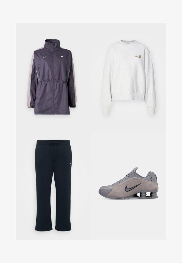 Paars windjack met grijze accenten, hoge kraag, elastische tailleband en lange mouwen. Voorzien van een klein logo op de borst.; Grijze crewneck sweatshirt van een zachte stof met geribbelde manchetten en onderrand; voorzien van een geborduurd logo op de borst in geel en bordeauxrood.; Zwarte sweatpants met een elastische tailleband en verstelbaar trekkoord. Heeft een klein wit Nike-logo aan de linkerkant. Zachte textuur van de stof.; Grijze suède sportschoen met een gebogen ontwerp, voorzien van vetersluiting, een zwart swoosh-logo en een zichtbare schokabsorberende hielunit.