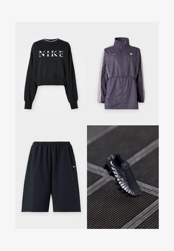 Lilla vindjakke med grå accenter, høj krave, elastisk talje og lange ærmer. Har et lille logo på brystet.; Afkortet sort sweatshirts lavet af bomuld, med hvid "NIKE" og "SPORTSWEAR" tryk, samt ribbede manchetter og krave.; Sorte Nike atletikshorts med elastisk taljebånd og lille hvid Swoosh-logo på højre lår, vist mod en ensfarvet baggrund.; Sort atletisk sko med tekstureret mesh-overdel, sølv accenter, svangstøtte og polstret sål med en fremtrædende segmenteret design.