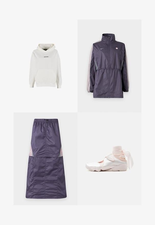 Lilla vindjakke med grå accenter, høj krave, elastisk talje og lange ærmer. Har et lille logo på brystet.; Hvid hættetrøje med frontlomme og lille sort "PEGADOR" logo centreret på brystet.; Lilla nylon nederdel med elastisk talje, der har farveblokpaneler i pink og grøn samt en lille hvid logo på den øverste del.; Hvid og lyserød sneaker med blødt stofankelomslag bundet i en sløjfe, med justerbar rem og rundet sål.