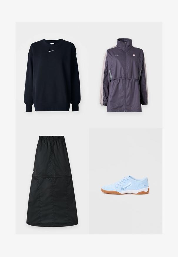 Lilla vindjakke med grå accenter, høj krave, elastisk talje og lange ærmer. Har et lille logo på brystet.; Sort sweatshirt lavet af bomuldsblanding; ribbet rund hals, lange ærmer og elastiske manchetter; har et lille sølvfarvet Nike-logo på brystet.; Sort atletisk nederdel lavet af let, glat nylonstof. Har elastisk taljebånd og et enkelt, langt, A-formet design.; Lyseblå sportsko med en glat syntetisk overdel, teksturerede accenter og en gummirubber sål. Har et logo på siden.