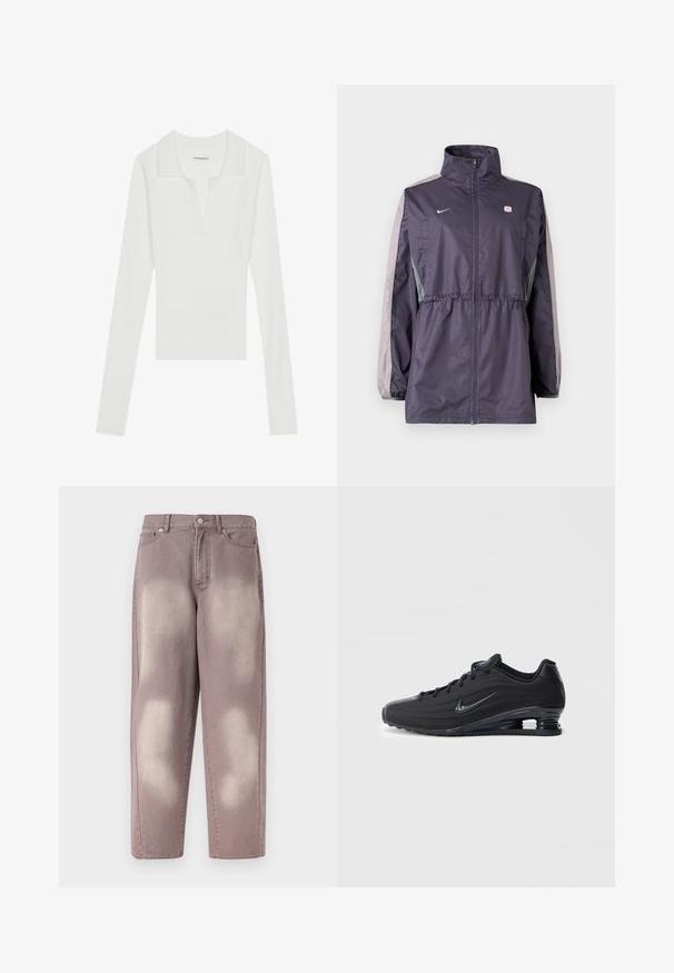 Chaqueta cortavientos púrpura con detalles grises, cuello alto, cintura elástica y mangas largas. Cuenta con un pequeño logotipo en el pecho.; Camisa polo de manga larga blanca con cuello en V y cuello en contraste, que presenta un diseño ajustado y una textura suave.; Vaqueros de mezclilla púrpura desvanecidos con cintura alta, cierre de botones y dos bolsillos delanteros, mostrados sobre un fondo liso.; Zapatillas Nike negras con parte superior texturizada, diseño elegante, cierre de cordones y unidad de aire visible en el talón. Detalle de marca minimalista.