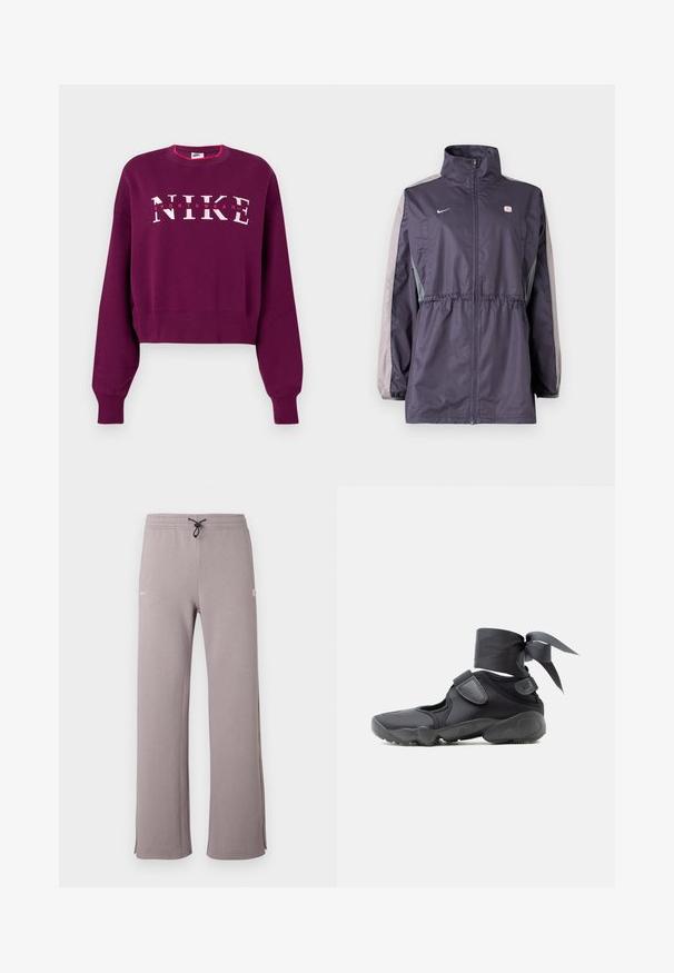 Lilla vindjakke med grå accenter, høj krave, elastisk talje og lange ærmer. Har et lille logo på brystet.; Lilla cropped sweatshirt med lange ærmer, ribbede manchetter og "NIKE SPORTSWEAR" logo i pink og hvid på tværs af brystet.; Grå joggingbukser med snøre i taljen, sideslidser og en hvid logo på venstre side. Lavet af blødt stof med en afslappet pasform.; Sort atletiksko med udskæringer, velcrolukninger og ankelrem bundet i en sløjfe, vist fra siden på en hvid baggrund.