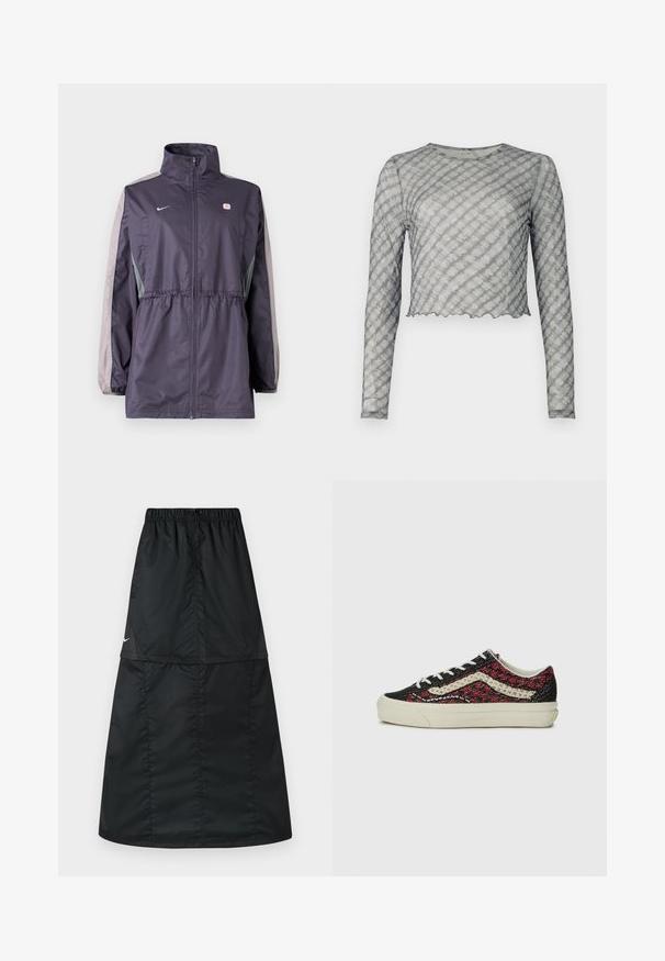 Chaqueta cortavientos púrpura con detalles grises, cuello alto, cintura elástica y mangas largas. Cuenta con un pequeño logotipo en el pecho.; Top corto de manga larga en gris translúcido con ligeras rayas diagonales. Presenta un cuello redondo y un dobladillo ondulado. Textura suave y forma ajustada.; Falda deportiva negra hecha de tela de nylon ligera y suave. Presenta una cintura elástica y un diseño simple, largo y en línea A.; Vans OLD SKOOL 36 UNISEX - Zapatillas - bordeaux