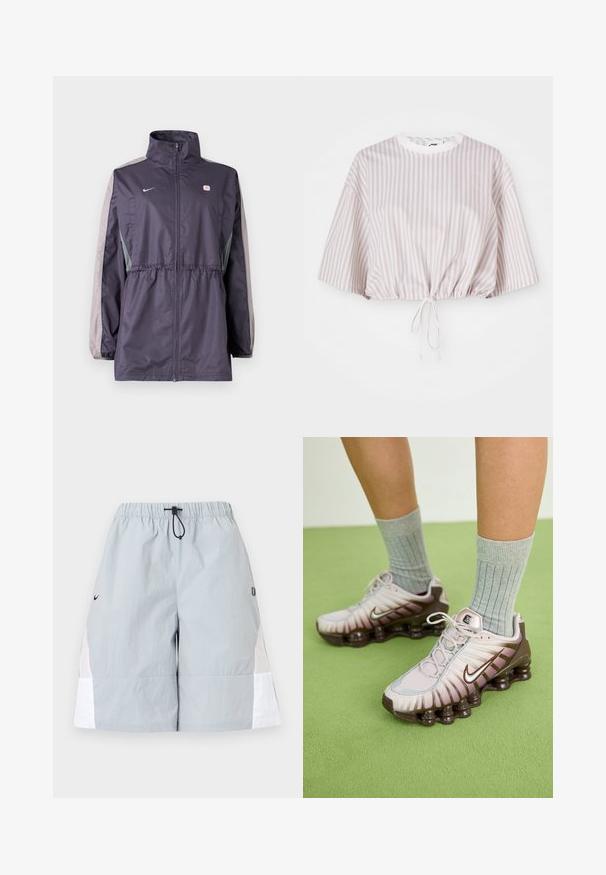 Chaqueta cortavientos púrpura con detalles grises, cuello alto, cintura elástica y mangas largas. Cuenta con un pequeño logotipo en el pecho.; Top recortado de mangas cortas en lavanda claro y rayas verticales blancas. Presenta un cordón en el dobladillo para un ajuste ajustable.; Pantalones cortos deportivos de color gris claro con paneles laterales blancos, cinturilla elástica y cordón negro, mostrados sobre un fondo liso.; Zapatillas Nike en rosa claro y marrón, con un upper texturizado, diseño en capas y suela con amortiguación que incluye unidades de aire visibles.