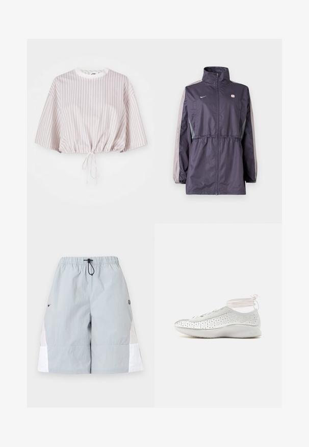 Paars windjack met grijze accenten, hoge kraag, elastische tailleband en lange mouwen. Voorzien van een klein logo op de borst.; Korte mouwen crop top in licht lavendel met witte verticale strepen. Bevat een trekkoord aan de onderkant voor een verstelbare pasvorm.; Lichtgrijze sportshorts met witte zijpanelen, een elastische tailleband en een zwarte aantrekkoordlus, weergegeven op een effen achtergrond.; Witte Nike Air sneaker met geperforeerde zijkanten en lichtroze veter die rond de enkel wordt gewikkeld, weergegeven in zijaanzicht op een witte achtergrond.
