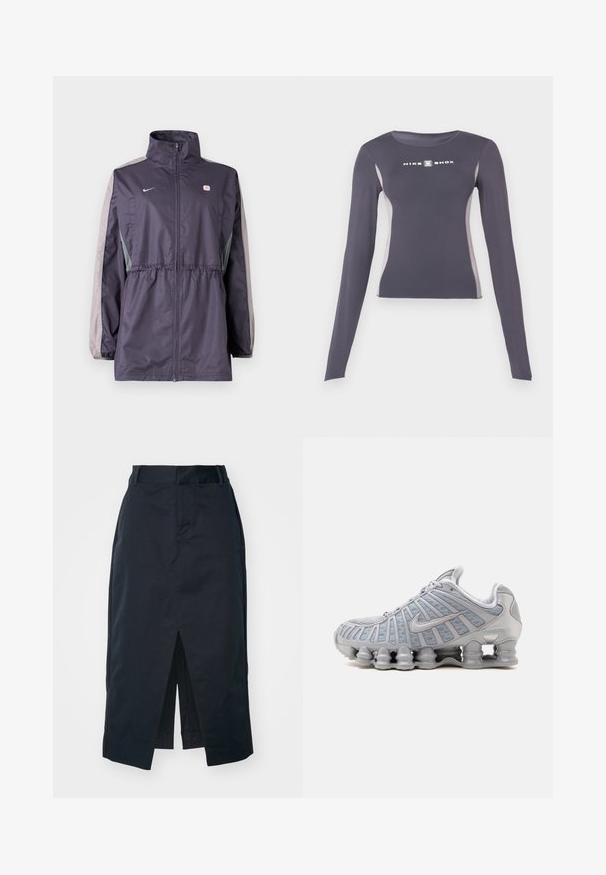 Chaqueta cortavientos púrpura con detalles grises, cuello alto, cintura elástica y mangas largas. Cuenta con un pequeño logotipo en el pecho.; Camiseta deportiva ajustada de manga larga color gris oscuro con paneles laterales gris claro y logo "Nike Shox" en blanco en el pecho.; Falda midi en azul marino oscuro, confeccionada con una mezcla de algodón, que presenta una abertura frontal, cremallera oculta y bolsillos laterales para mayor funcionalidad.; Zapatilla de correr gris de Nike con soportes visibles similares a resortes en la suela y parte superior de malla, mostrada de perfil sobre un fondo blanco.