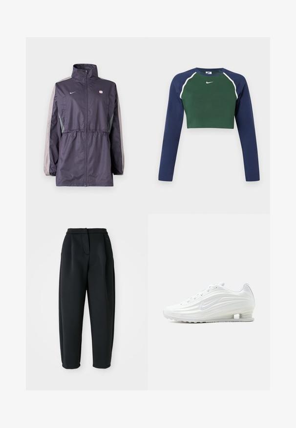 Fialová vetrovka s sivými akcentmi, vysokým golierom, elastickým pásom a dlhými rukávmi. Má malú logo na hrudi.; Dlhý rukáv skrátený sweatshirt s tmavozeleným predným dielom, námořníckymi modrými rukávmi, bielym lemovaním a bielym logom Nike na hrudi.; Čierne nohavice vyrobené z hladkej látky, s prispôsobeným pásom, plisovaným predným dielom a zúženými nohavicami so sťahovanými spodnými okrajmi.; Biela športová obuv Nike s textúrovanými vlnovými vzormi a viditeľnou vzduchovou vložkou v podrážke, zobrazená z boku na neutrálnom pozadí.
