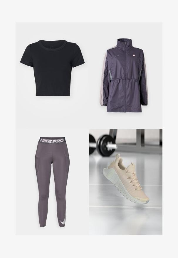 Lilla vindjakke med grå accenter, høj krave, elastisk talje og lange ærmer. Har et lille logo på brystet.; Sort cropped T-shirt lavet af blødt, elastisk stof. Har en rund halsudskæring og korte ærmer med et enkelt design.; Grå Nike Pro leggings med en bred elastisk talje, der har "NIKE PRO" logoet. Inkluderer to sidelommer og en lille reflekterende swoosh detalje.; Letvægts sneaker i en blød beige farve. Har en tekstureret overdel, flade snørebånd og en tyk, rillede sål med subtile brandingsdetaljer.