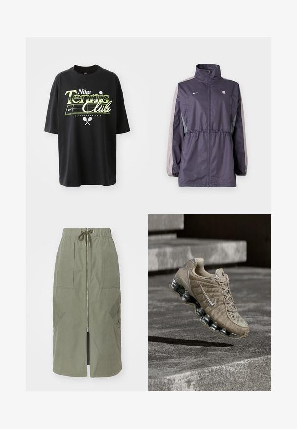Veste coupe-vent violette avec accents gris, col montant, taille élastique et manches longues. Comprend un petit logo sur la poitrine.; T-shirt en coton noir à manches courtes, avec un graphique "Nike Tennis Club" en vert et blanc, illustrant une balle de tennis et une raquette.; Jupe midi vert olive en tissu léger, avec une fermeture éclair à l'avant, une taille élastique et de grandes poches latérales avec des rabats angulaires.; Chaussure de running Nike beige avec des accents argentés et une semelle ressort en suspension au-dessus d'escaliers en béton dans une lumière tamisée.