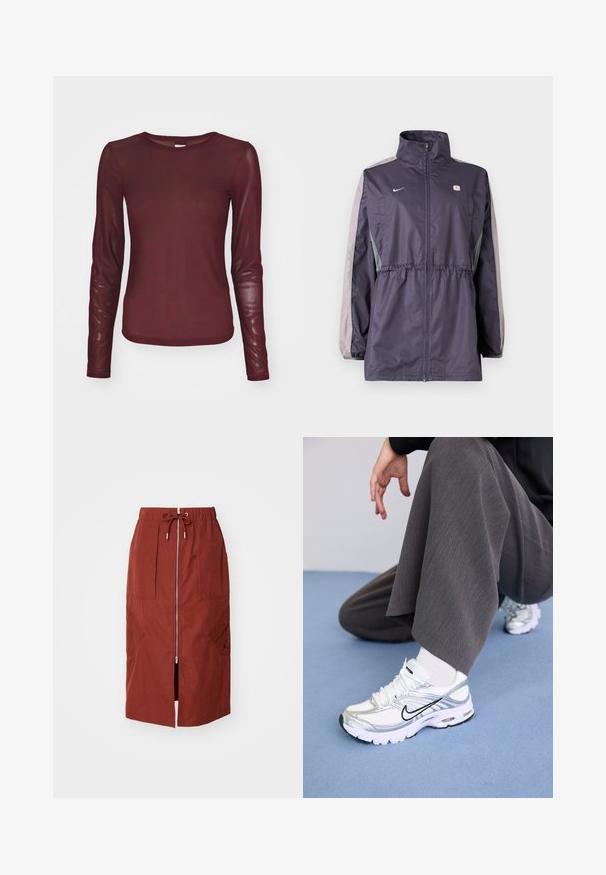 Lilla tuulejope hallide detailidega, kõrge krae, elastne vöökoht ja pikad varrukad. Rinnal väike logo.; Burgundia pikkade varrukatega särk, mis on valmistatud läbi paistvast kangast koos peene musta logo mustriga. Omab ümarat kaelust ja keha lähedast siluetti.; Keskmise pikkusega seelik terrakota punases, millel on eesne lukuga, elastne vöökoht koos tõmblukuga ja küljetaskud geomeetrilise mustriga.; Valged ja hõbedased spordijalatsid, mis on valmistatud võrgusilma ja sünteetilistest materjalidest ning millel on mustad aktsentjooned, paelad ja tekstuuriga tallad.