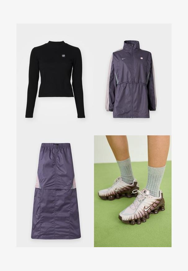 Lilla vindjakke med grå accenter, høj krave, elastisk talje og lange ærmer. Har et lille logo på brystet.; Sort langærmet top med ribbet tekstur, høj hals og et lille broderet logo på venstre bryst. Har et tætsiddende cropped design.; Lilla nylon nederdel med elastisk talje, der har farveblokpaneler i pink og grøn samt en lille hvid logo på den øverste del.; Nike sneakers i lys pink og brun, med en tekstureret overdel, lagdelt design og en polstret sål med synlige luftenheder.