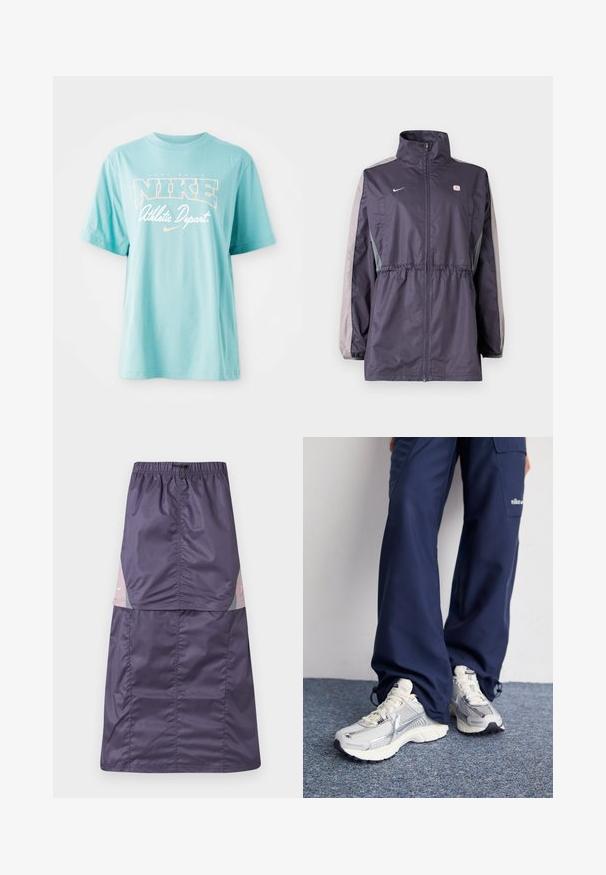 Lilla vindjakke med grå accenter, høj krave, elastisk talje og lange ærmer. Har et lille logo på brystet.; Lyseblå bomulds T-shirt med korte ærmer og rund halsudskæring. Har "NIKE" logo og tekst i hvid og ferskenfarvet print.; Lilla nylon nederdel med elastisk talje, der har farveblokpaneler i pink og grøn samt en lille hvid logo på den øverste del.; Nike sportssko med en sølvfarvet mesh-overdel, hvide detaljer og strukturerede såler, parret med løstsiddende navy bukser.