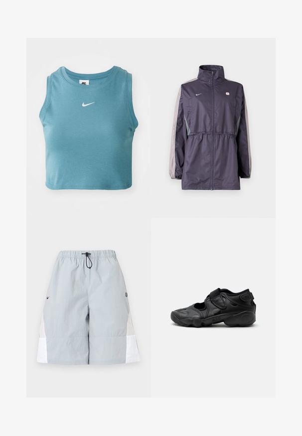Lilla tuulejope hallide detailidega, kõrge krae, elastne vöökoht ja pikad varrukad. Rinnal väike logo.; Lühikeste varrukateta kerge sinine ribakanga top, mille rinnaosa kaunistab valge Nike logo ja ümar kaelus.; Helehallid spordipüksid valgete küljetaskute, elastse vöörihma ja musta paelasilmusega, esitletud lihtsalt taustal.; Mustad sportlikud sandaalid suletud varbaga, takjakinnitused sääre keskosas ja kandadel ning paks pehmendusega tald, millel külgmisel küljel kiri "AIR".