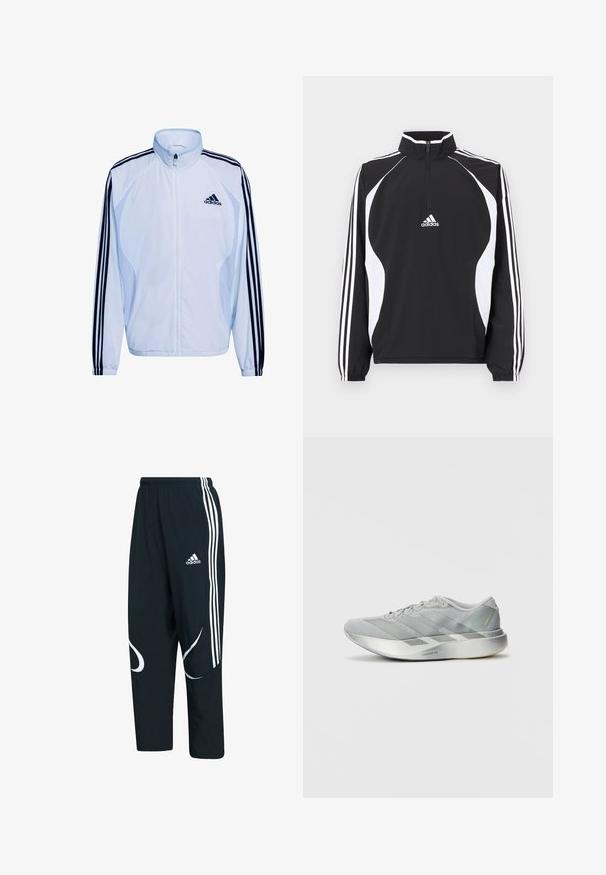 Hvid atletikjakke med navy tre-stribedesign på ærmerne, høj krave, lynlåslukning og letvægtsmateriale. Indeholder Adidas-logo.; Sort lynlåstrøje med hvide detaljer, der har en høj krave, lange ærmer og tre hvide striber på hver ærme. Materialerne er glatte.; Sorte træningsbukser med hvide striber og logo, der har en løs pasform, elastisk talje og buede hvide mønstre på siderne.; Letvægts grå atletiksko med et slankt design, der har en tekstureret overflade, tre diagonale striber og en reflekterende sølvsål.
