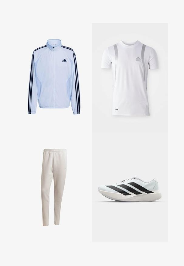 Biela športová bunda s tmavomodrým dizajnom troch pruhov na rukávoch, vysokým golierom, zapínaním na zips a ľahkým materiálom. S logom Adidas.; Biely športový dres s krátkym rukávom so striebornými akcentmi, s okrúhlym výstrihom a logom Adidas na hrudi. Vyrobený z materiálu odvádzajúceho vlhkosť.; Svetlo béžové joggingové nohavice z mäkkého materiálu, s elastickým pásom, bočnými vreckami a zúženým strihom nohavíc.; Biela bežecká topánka s tromi veľkými čiernymi pruhmi na boku a hrubou zakrivenou podrážkou označenou Lightstrike Pro.