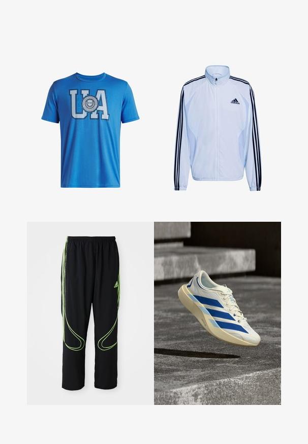 Hvid atletikjakke med navy tre-stribedesign på ærmerne, høj krave, lynlåslukning og letvægtsmateriale. Indeholder Adidas-logo.; Blå bomulds t-shirt med store "UA" bogstaver og et cirkulært mærke design nedenunder. Korte ærmer og rund halsudskæring. Glat tekstur.; Sorte Adidas sportbukser med neongrønne buede linjer og tre striber på siderne, elastisk livrem og Adidas-logo på forsiden af låret.; Hvid og blå Adidas løbesko hængende over et betonstrin med tekstureret ru overflade i baggrunden.