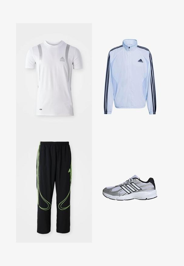 Biela športová bunda s tmavomodrým dizajnom troch pruhov na rukávoch, vysokým golierom, zapínaním na zips a ľahkým materiálom. S logom Adidas.; Biely športový dres s krátkym rukávom so striebornými akcentmi, s okrúhlym výstrihom a logom Adidas na hrudi. Vyrobený z materiálu odvádzajúceho vlhkosť.; Čierne atletické nohavice Adidas s neonovo zelenými zakrivenými líniami a tromi pruhmi po stranách, elastickým pásom a logom Adidas na prednom stehne.; Mriežkovaná športová obuv v bielej a striebornej farbe, s čiernymi detailmi, logom troch bielych pruhov, polstrovaným golierom a textúrovanou gumovou podrážkou.