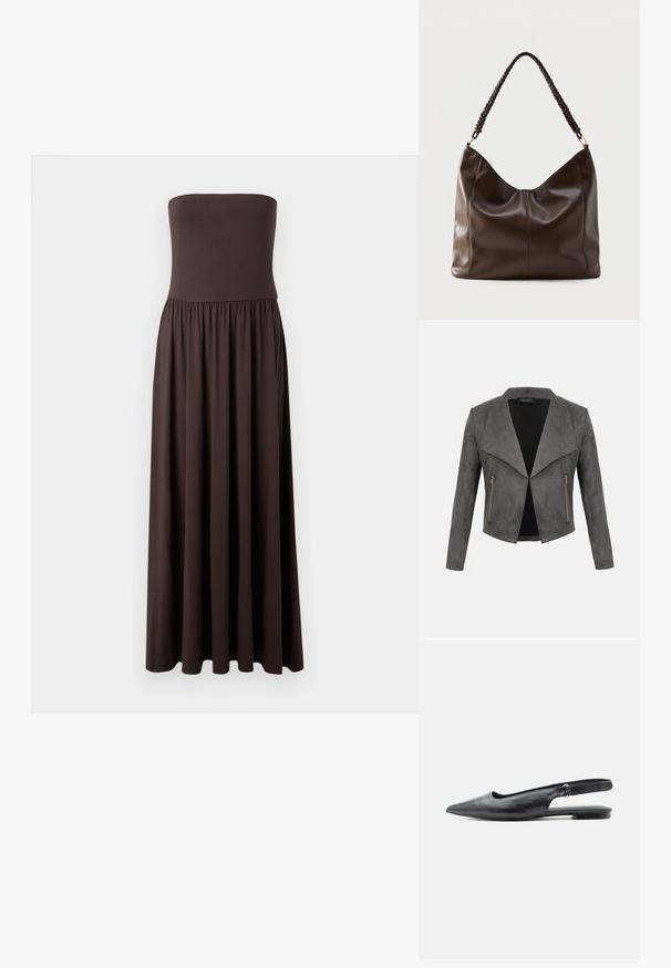 Chaqueta de ante gris oscuro con apertura frontal, solapas anchas, mangas largas y dos bolsillos verticales con cremallera.; Vestido maxi marrón sin tirantes, hecho de una tela suave, con un corsé ajustado y una falda fluida y recogida que permite una fácil movilidad.; Zapato plano de piel negra con punta puntiaguda, talón bajo y tira ajustable en el talón sobre fondo claro.; Bolso de hombro de cuero marrón oscuro con un asa trenzada y detalles visibles de costuras en la parte frontal.